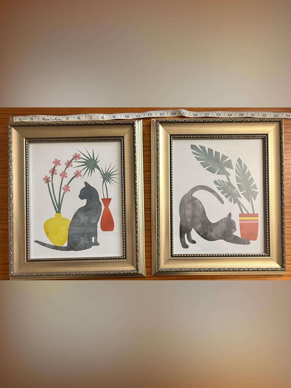 Framed Cat Silhouette Wall Art Prints in Gold Heavy Frames set of 2 pieces